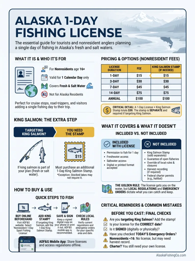 Alaska 1-Day Fishing License needed for a day of fishing in Alaska's scenic waters and fishing spots.