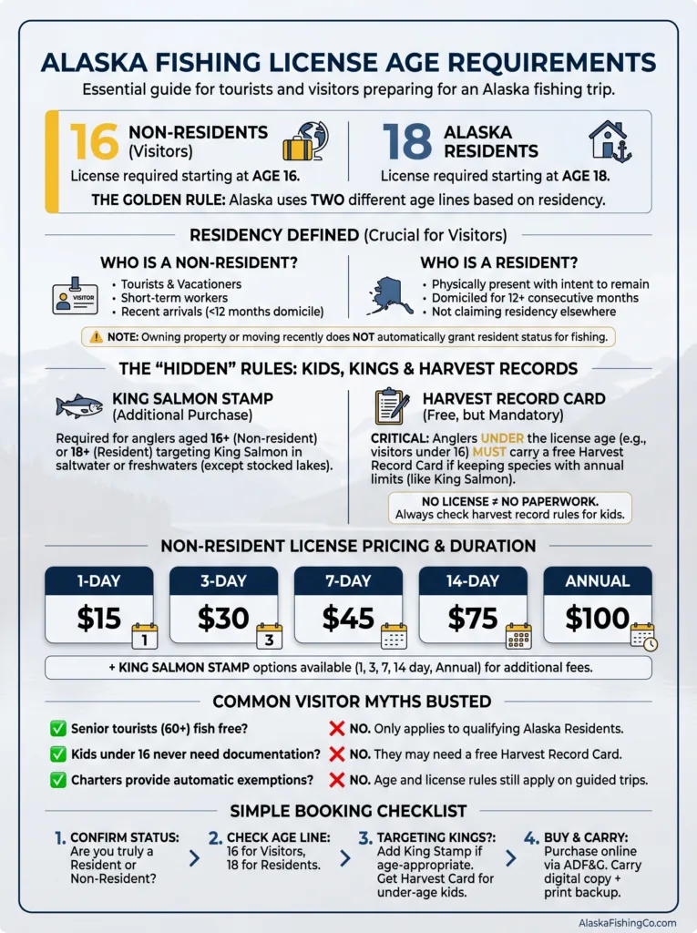Alaska Fishing License Age Requirements chart showing minimum ages and licensing options for different age groups.