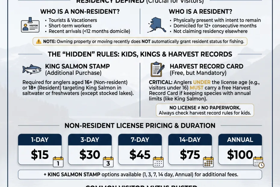 Alaska Fishing License Age Requirements chart showing minimum ages and licensing options for different age groups.