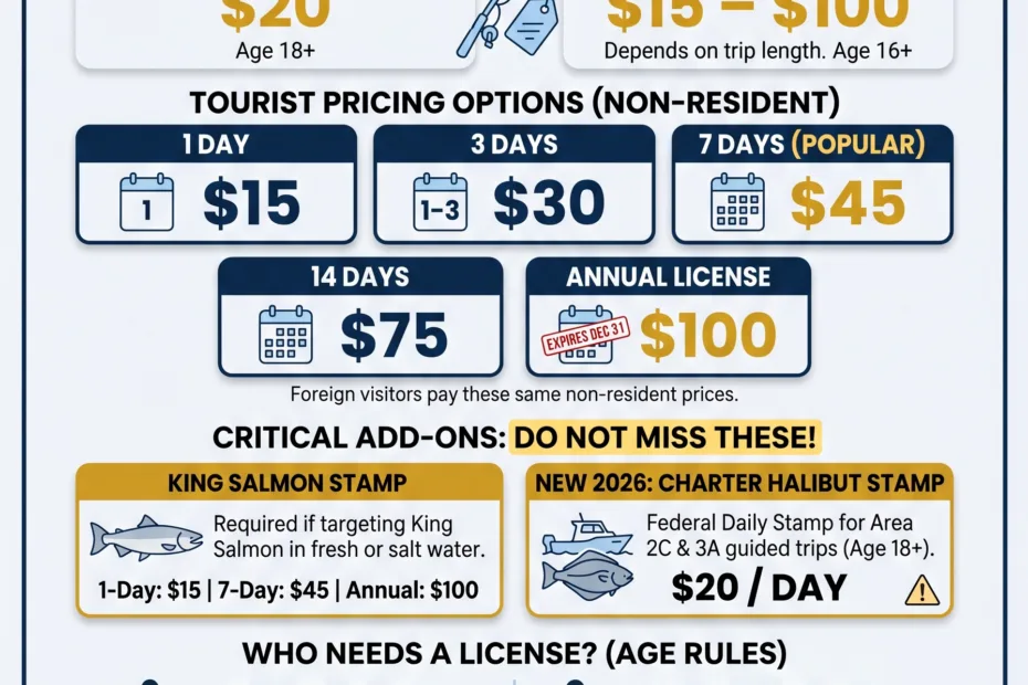 Alaska fishing license cost details for residents and tourists, including prices for different license types and additional fees.