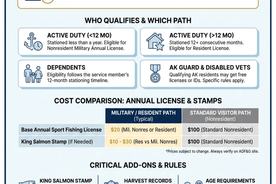 Alaska fishing license for military personnel, ensuring valid fishing access for active service members in Alaska.