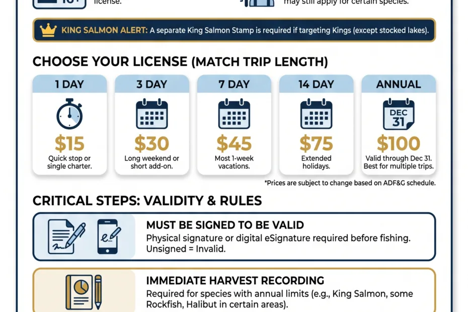 Alaska fishing license for non-residents with different options and prices for fishing in the state