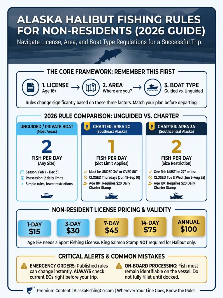 Alaska Halibut Fishing Rules for Non-Residents showing license costs and size limits for a successful fishing trip.