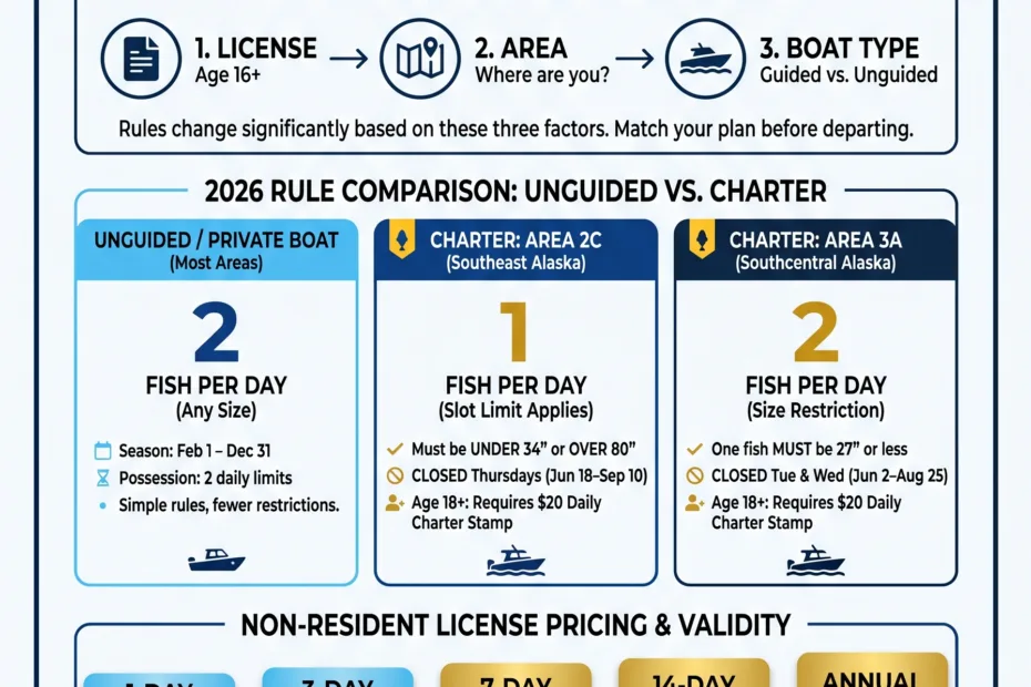 Alaska Halibut Fishing Rules for Non-Residents showing license costs and size limits for a successful fishing trip.