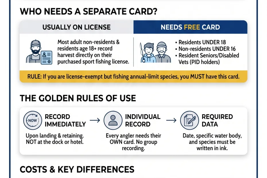 Alaska harvest record card used for tracking and recording fishing data in compliance with regulations.