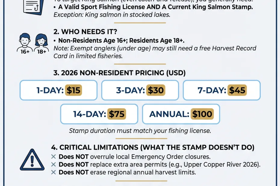 Alaska King Salmon Stamp used for fishing licensing and conservation in Alaska.
