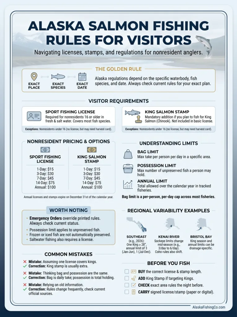 Alaska salmon fishing rules for visitors guide with regulations and licensing information for a successful fishing trip.