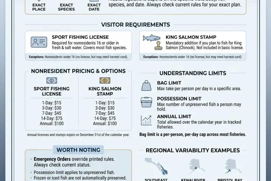 Alaska salmon fishing rules for visitors guide with regulations and licensing information for a successful fishing trip.