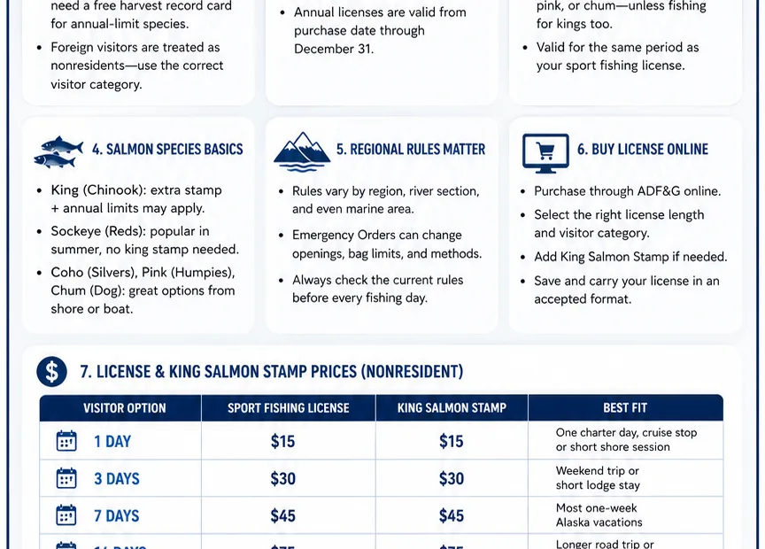 Alaska salmon fishing for visitors showcases scenic rivers and fishing gear, attracting travelers seeking outdoor adventure in Alaska.