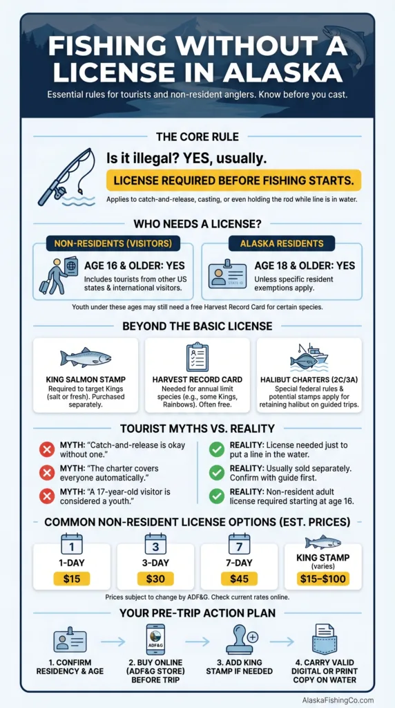 A guide explaining the penalties for fishing without a license in Alaska and the necessary requirements for legal fishing.
