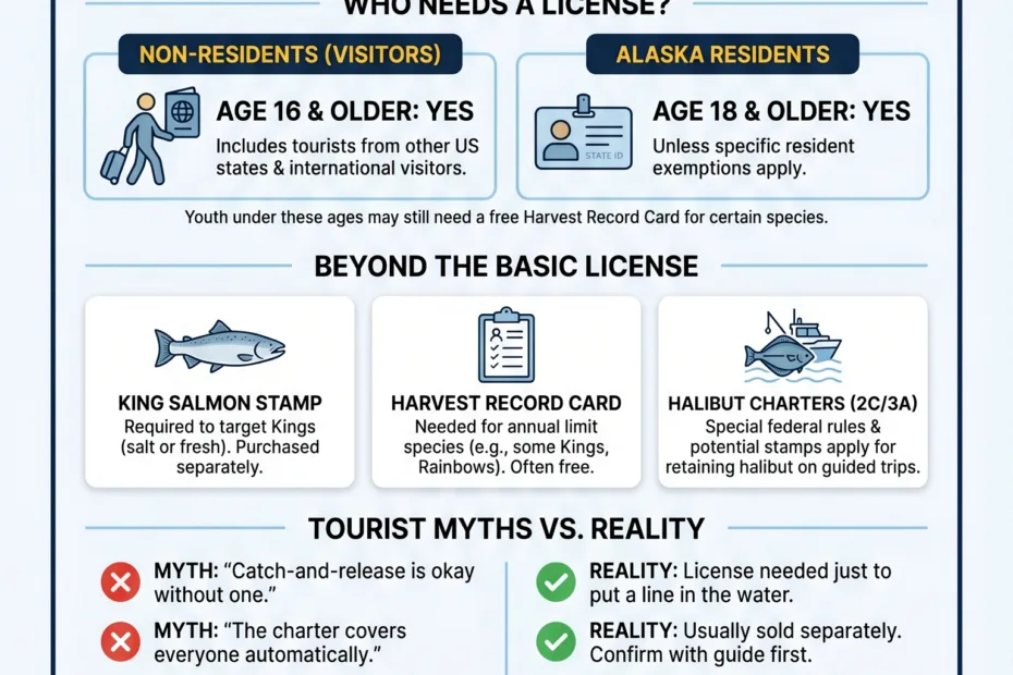 A guide explaining the penalties for fishing without a license in Alaska and the necessary requirements for legal fishing.