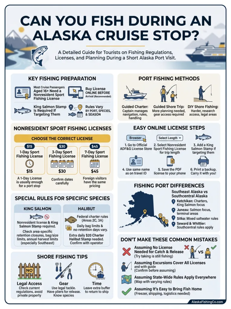 A detailed guide explaining if you can fish during an Alaska cruise stop with tips for fishing and regulations.