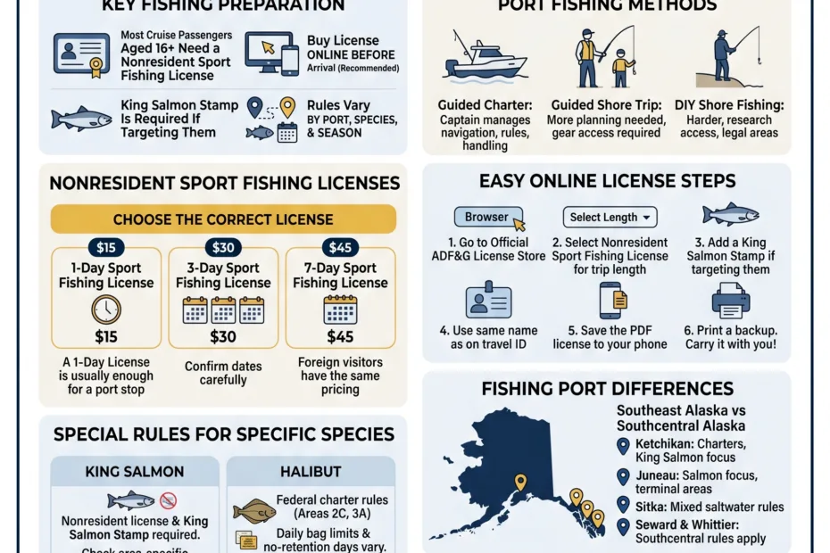 A detailed guide explaining if you can fish during an Alaska cruise stop with tips for fishing and regulations.