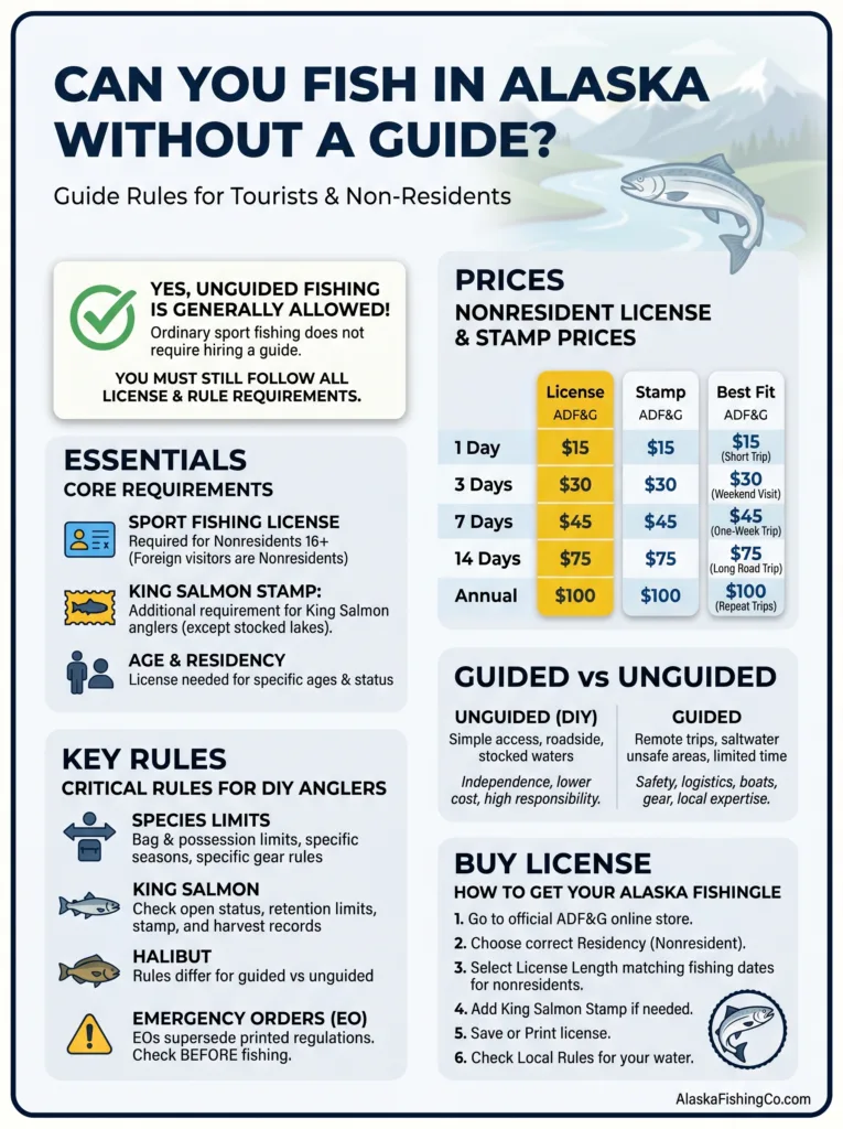 A sign explaining regulations and licensing for fishing in Alaska, addressing: can you fish in Alaska without a guide.