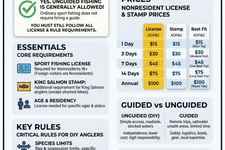 A sign explaining regulations and licensing for fishing in Alaska, addressing: can you fish in Alaska without a guide.