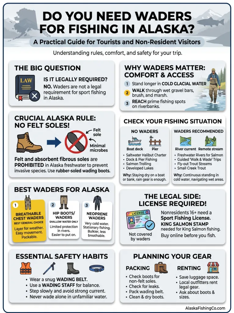 A guide explaining whether you need waders for fishing in Alaska, covering essential gear for successful and comfortable fishing trips.