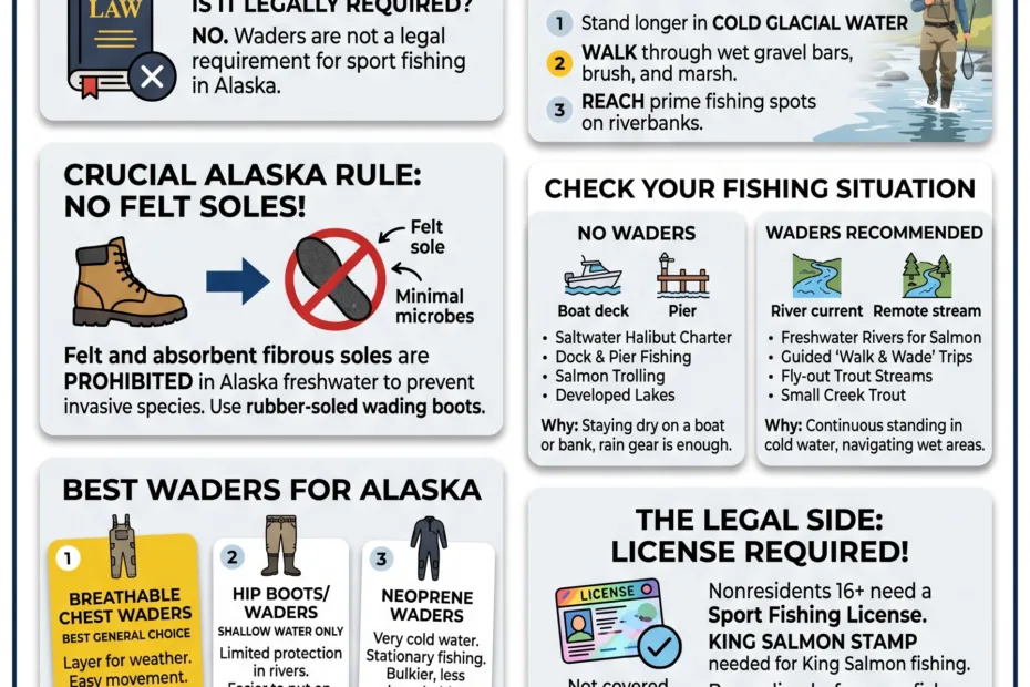 A guide explaining whether you need waders for fishing in Alaska, covering essential gear for successful and comfortable fishing trips.