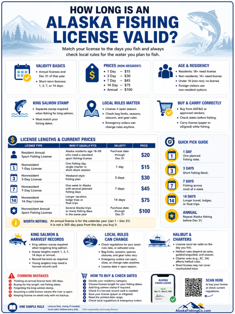 A detailed guide on how long an Alaska fishing license is valid for different types of anglers and licenses.