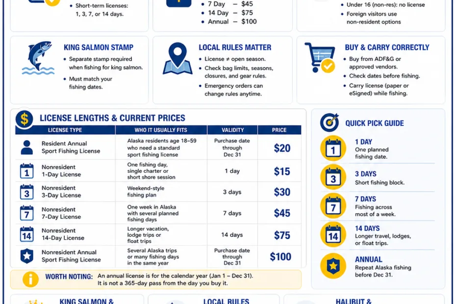 A detailed guide on how long an Alaska fishing license is valid for different types of anglers and licenses.