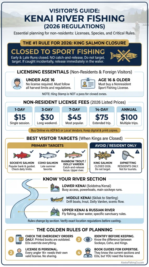 Kenai River fishing for visitors offers popular opportunities to catch salmon and trout in scenic Alaska surroundings.