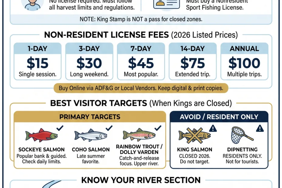 Kenai River fishing for visitors offers popular opportunities to catch salmon and trout in scenic Alaska surroundings.