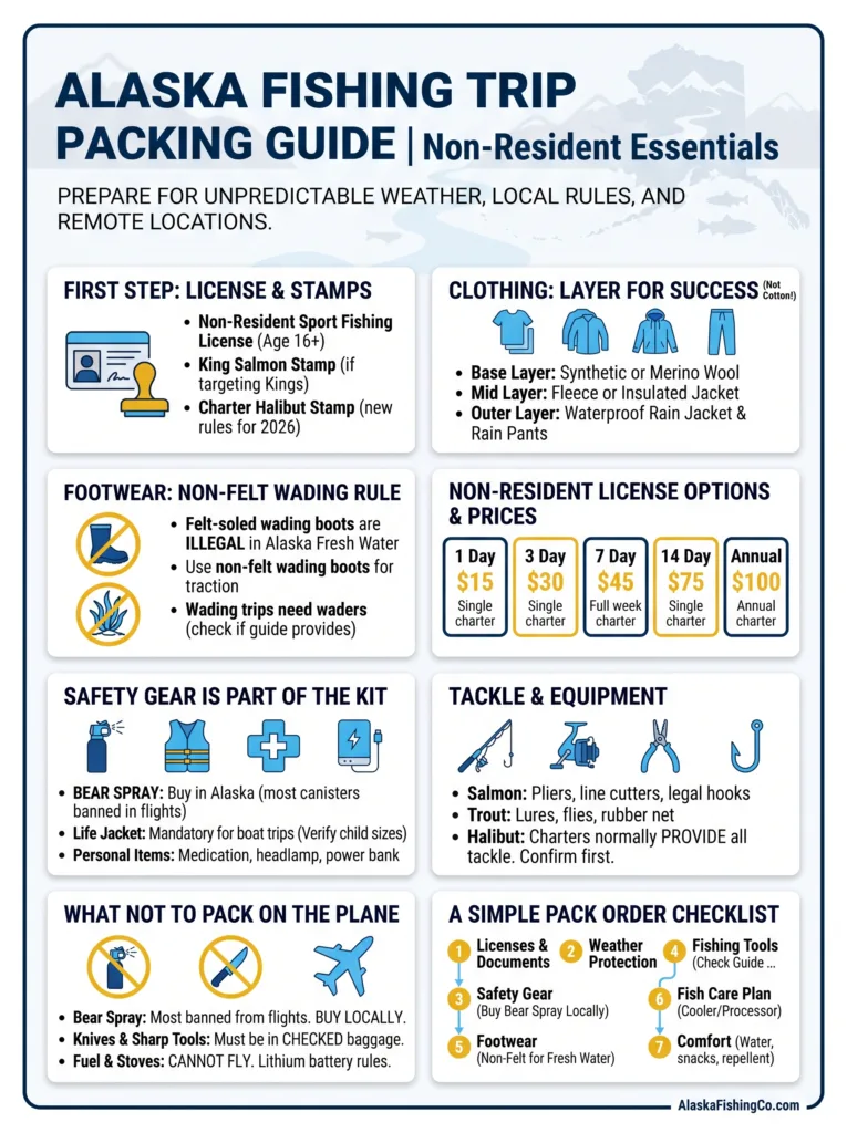 Essential gear and clothing to pack for an Alaska fishing trip in a practical guide to ensure a successful outdoor adventure.