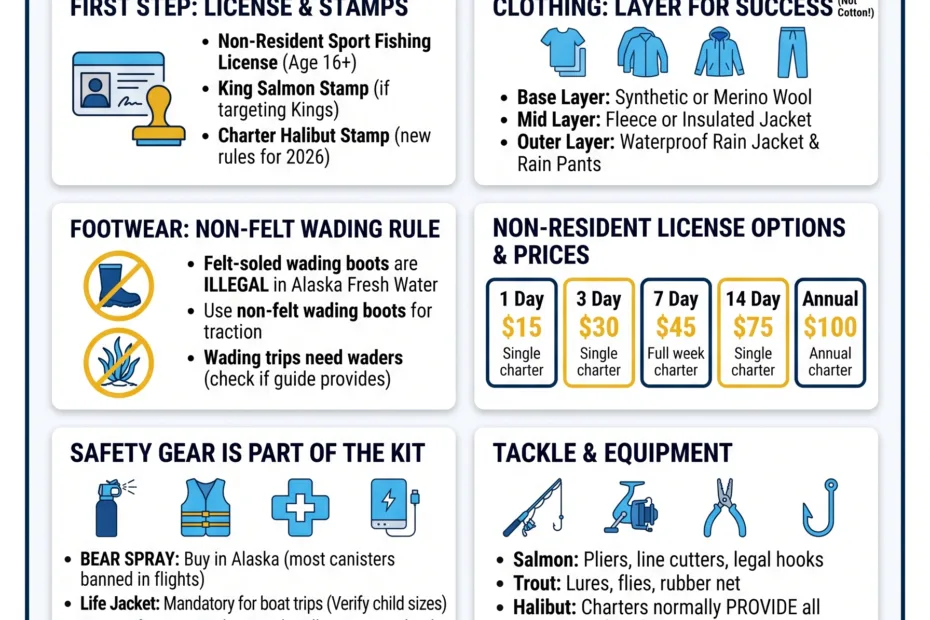 Essential gear and clothing to pack for an Alaska fishing trip in a practical guide to ensure a successful outdoor adventure.