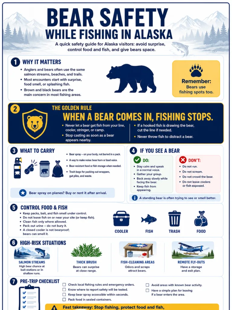 Bear safety while fishing in Alaska includes tips on avoiding bear encounters, proper food storage, and staying alert in bear habitats.