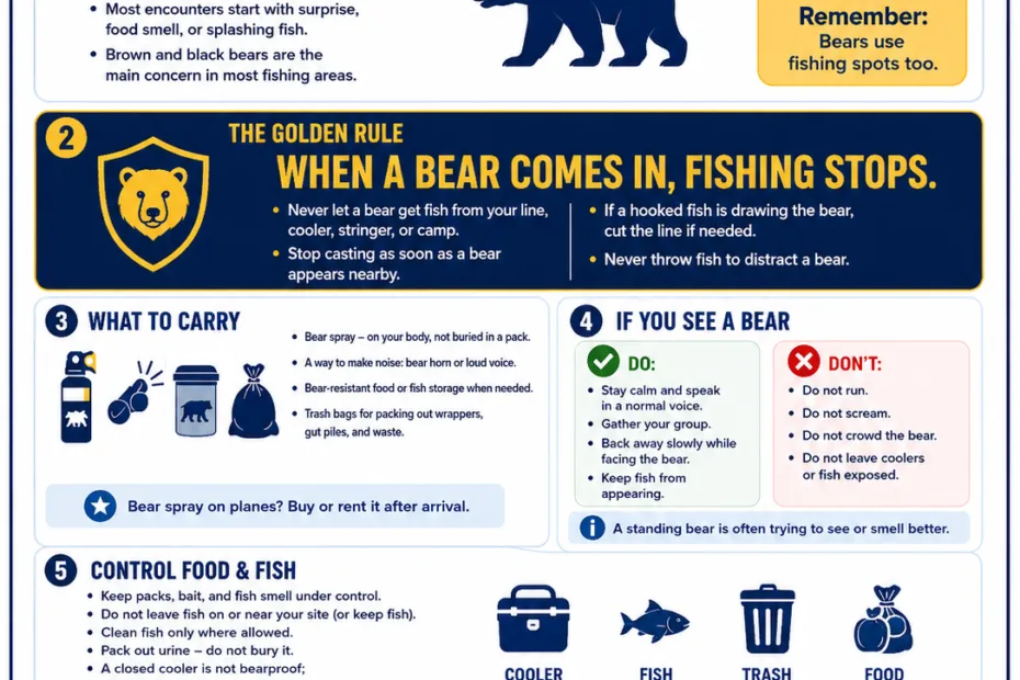 Bear safety while fishing in Alaska includes tips on avoiding bear encounters, proper food storage, and staying alert in bear habitats.