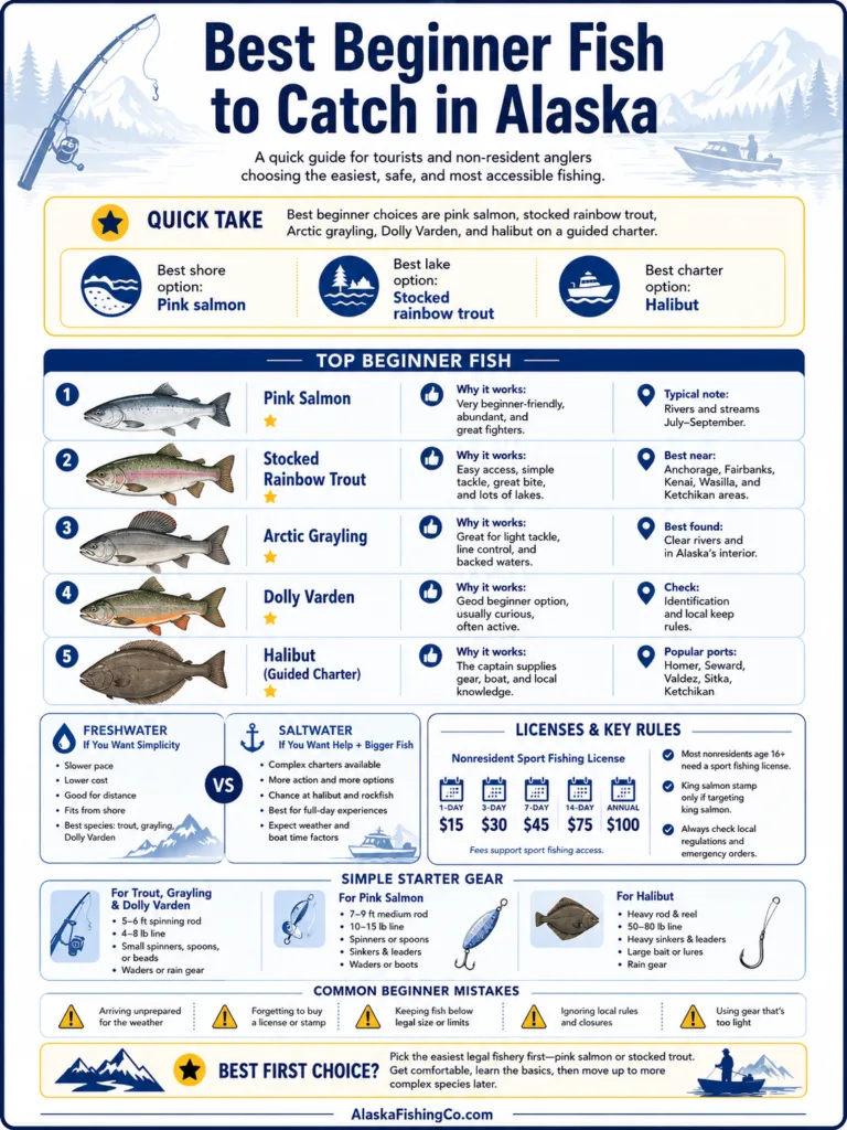 Guide to the best beginner fish to catch in Alaska with tips and species details for new anglers.