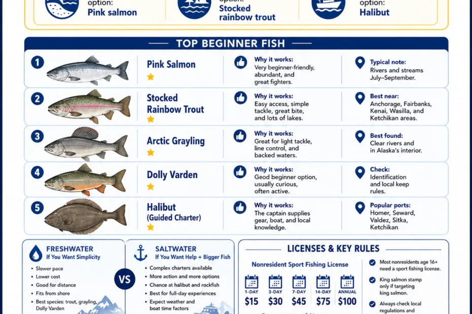 Guide to the best beginner fish to catch in Alaska with tips and species details for new anglers.