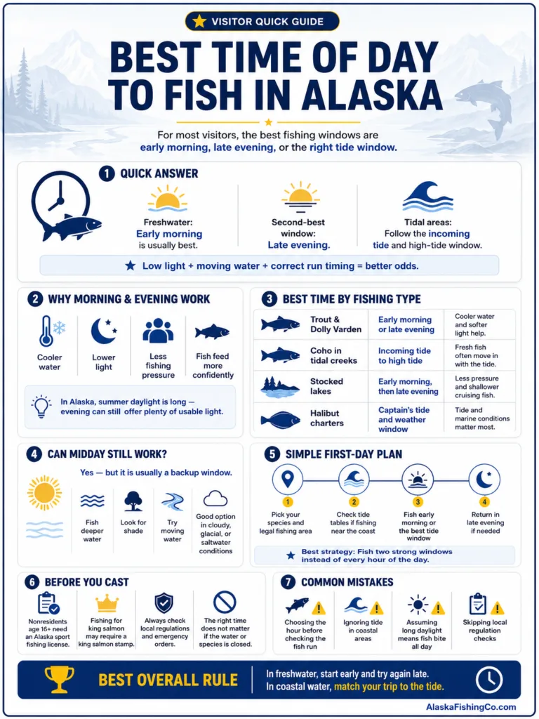 Best time of day to fish in Alaska, showing optimal hours for successful fishing in the region.