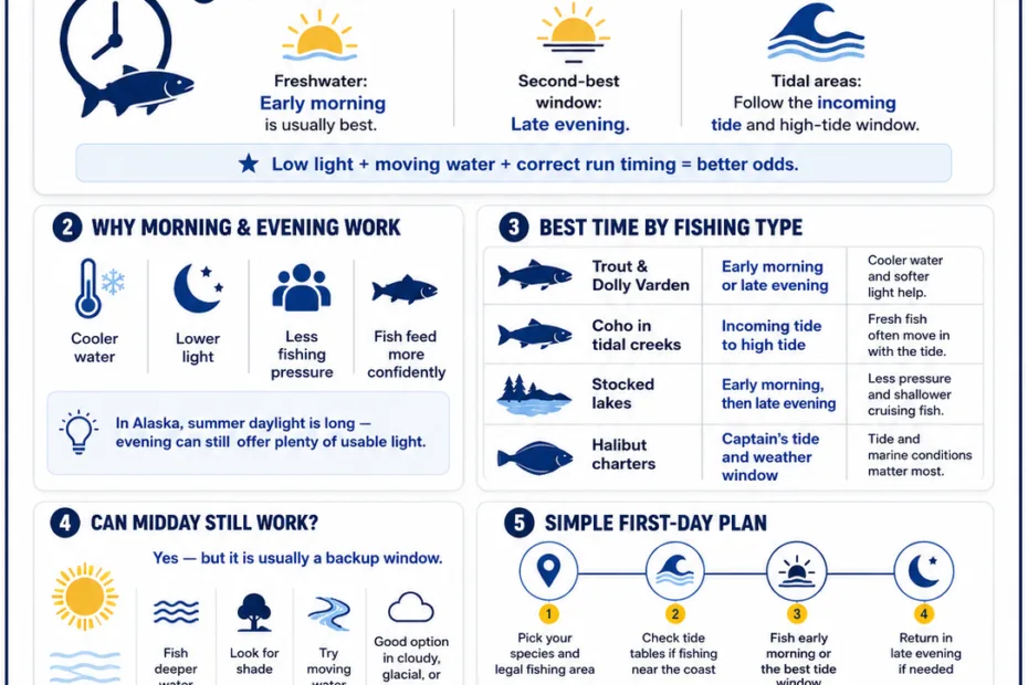 Best time of day to fish in Alaska, showing optimal hours for successful fishing in the region.