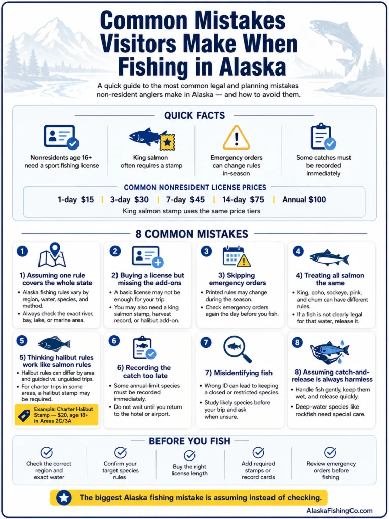 Common mistakes visitors make when fishing in Alaska, including gear errors, timing issues, and safety hazards to avoid for a better experience.