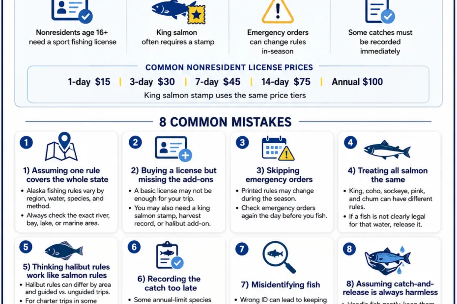 Common mistakes visitors make when fishing in Alaska, including gear errors, timing issues, and safety hazards to avoid for a better experience.