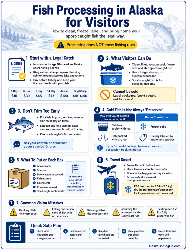 Fish processing in Alaska for visitors shows steps like catching, cleaning, filleting, and packaging seafood for tourists to enjoy.