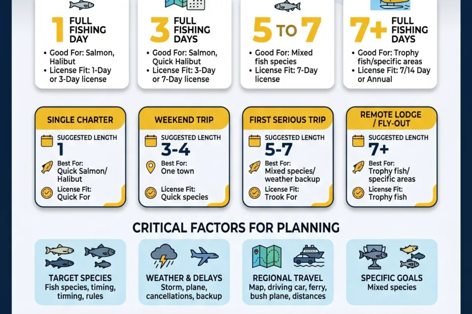 A guide explaining how many days are needed for an Alaska fishing trip to plan your outdoor adventure.