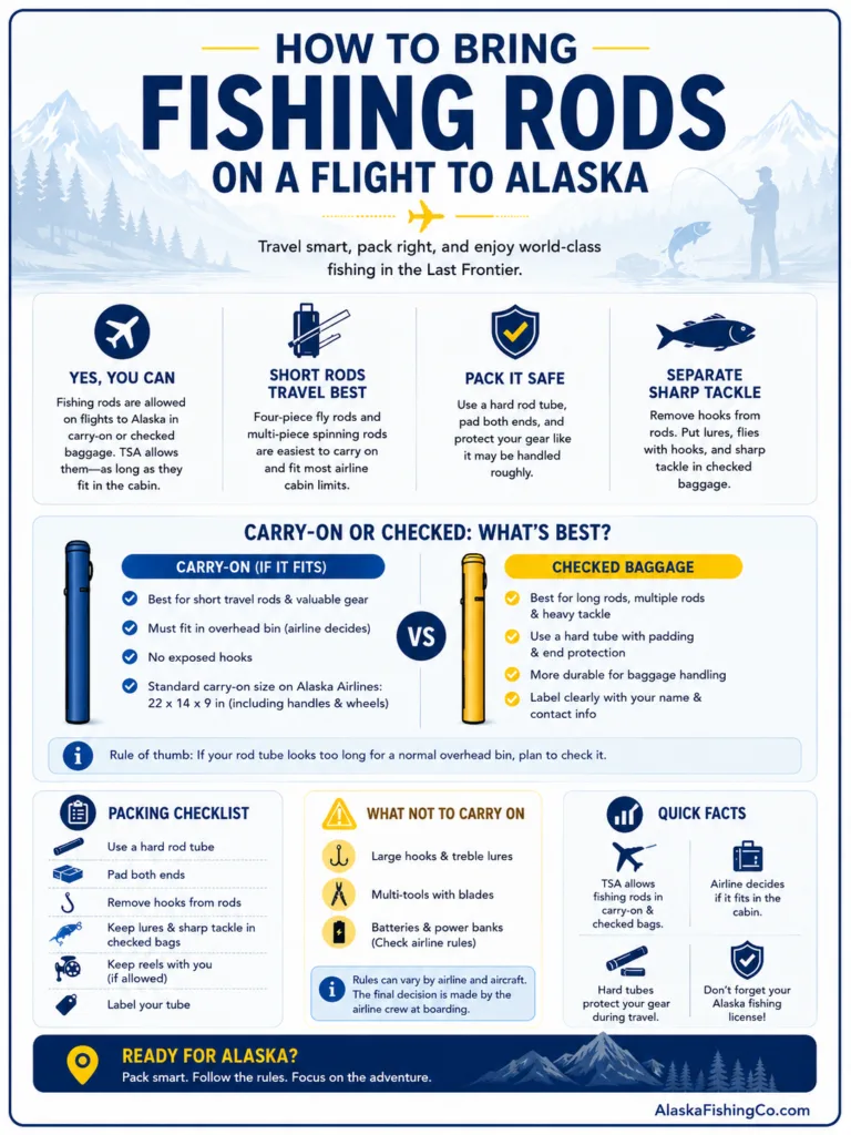Guide on how to bring fishing rods on a flight to Alaska for anglers traveling to fish in Alaska.