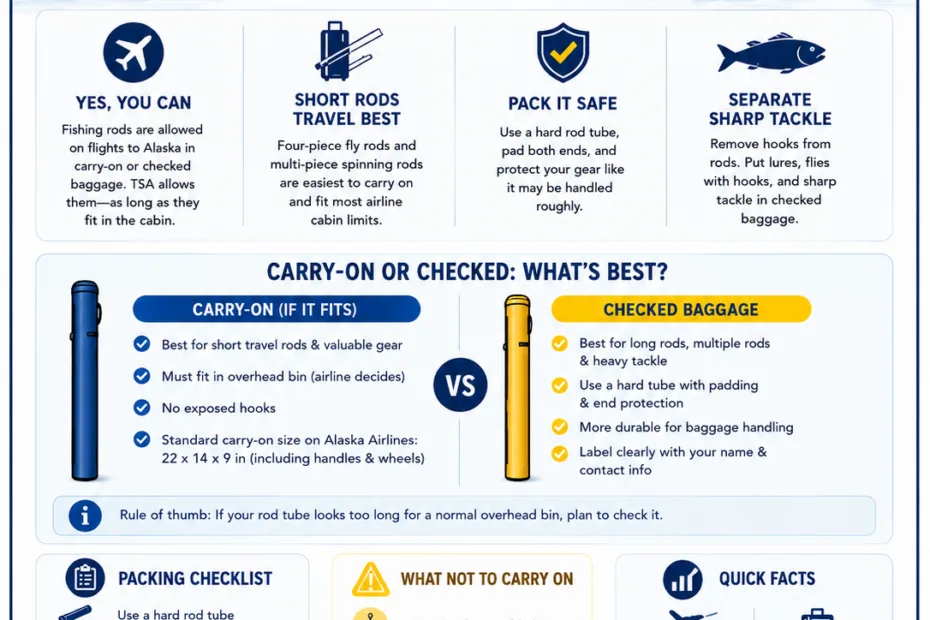 Guide on how to bring fishing rods on a flight to Alaska for anglers traveling to fish in Alaska.