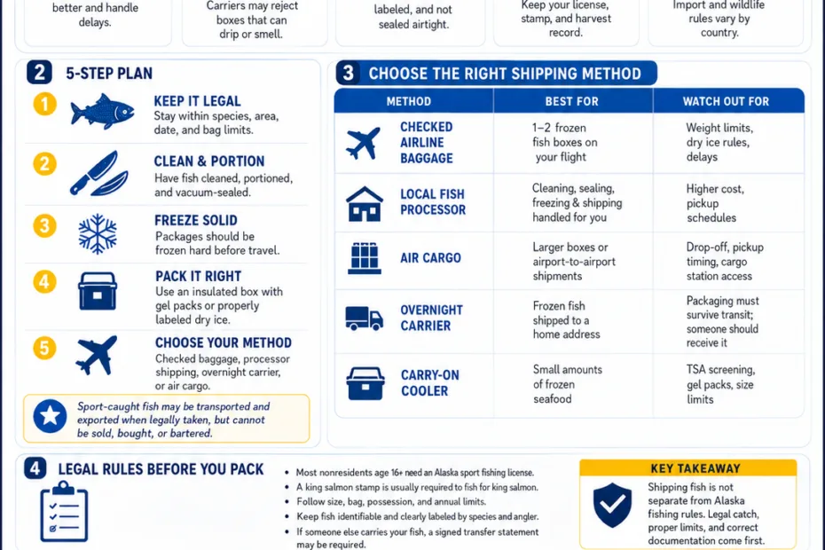 Guide on how to ship fish home from Alaska, showing packing tips and shipping options for fresh catch travel.