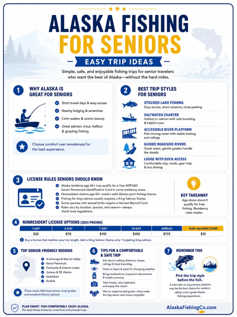 Alaska fishing for seniors offering easy trip ideas for comfortable and memorable fishing adventures in scenic locations.