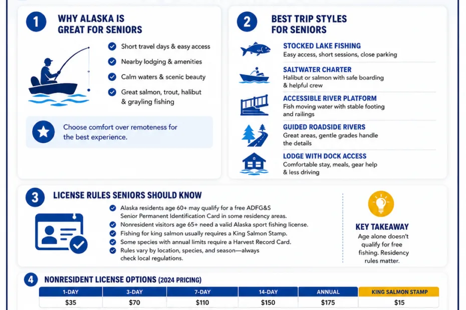 Alaska fishing for seniors offering easy trip ideas for comfortable and memorable fishing adventures in scenic locations.