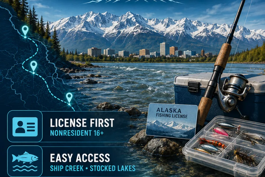 Anchorage Alaska fishing scene perfect for visitors seeking outdoor adventure and salmon fishing opportunities.