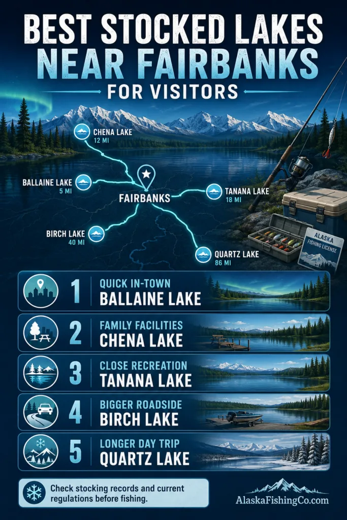Beautiful stocked lakes near Fairbanks perfect for visitors to enjoy fishing and outdoor activities in nature.