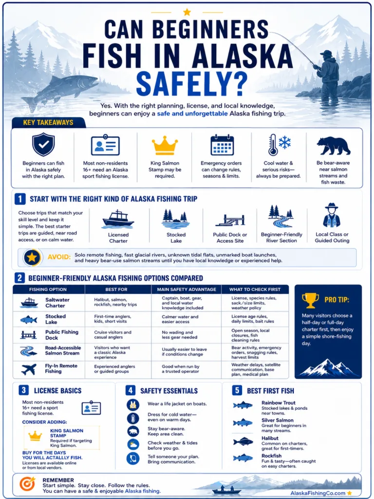 Beginners can fish safely in Alaska with proper gear, regulations, and awareness of local wildlife and water conditions.
