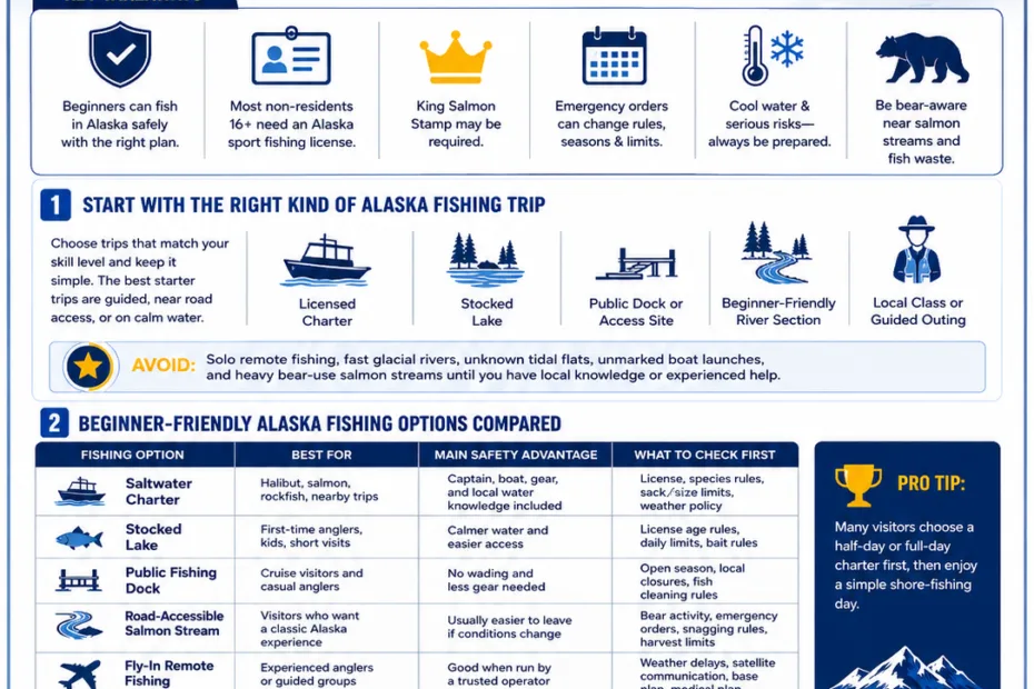 Beginners can fish safely in Alaska with proper gear, regulations, and awareness of local wildlife and water conditions.