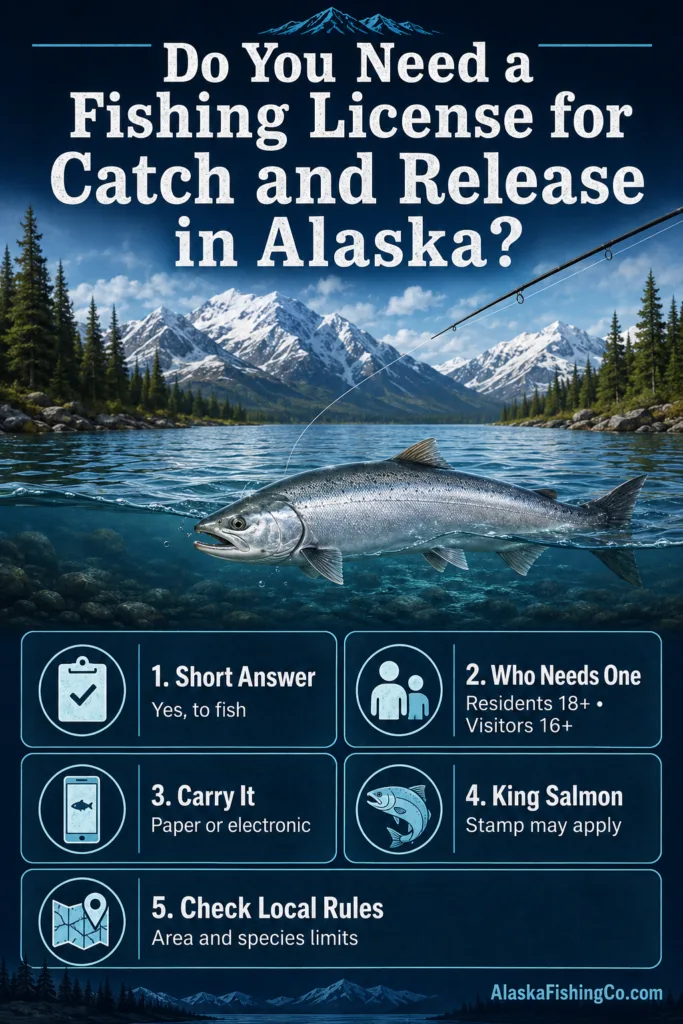 Alaska catch and release license requirements for fishing in scenic river with fish jumping, emphasizing necessary permits for recreational fishing.