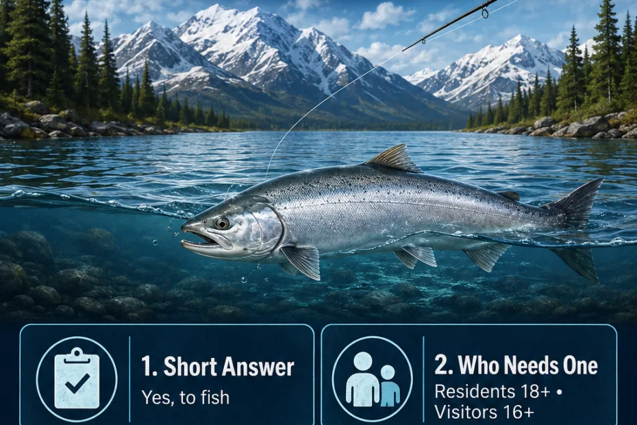 Alaska catch and release license requirements for fishing in scenic river with fish jumping, emphasizing necessary permits for recreational fishing.