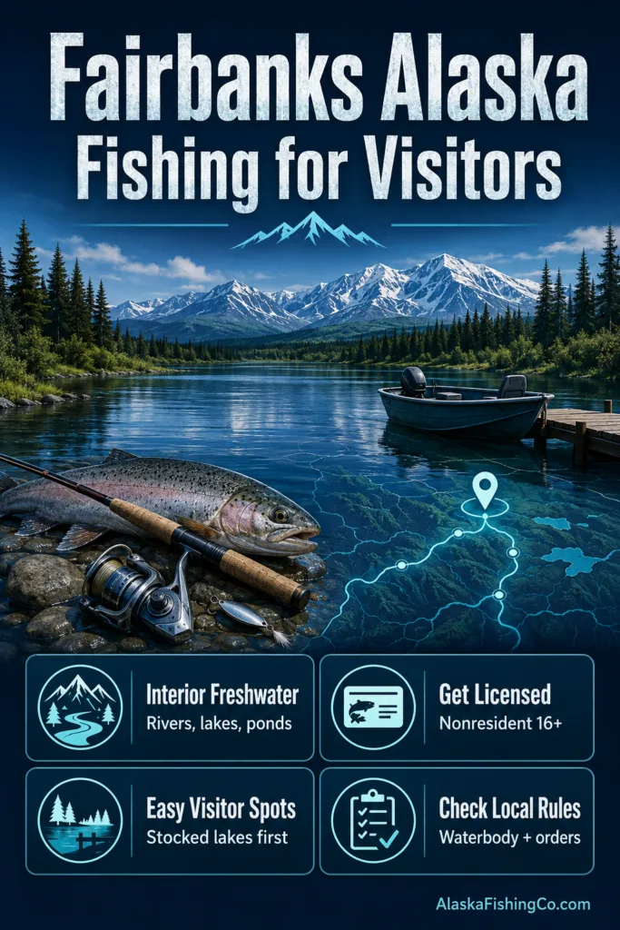 Beautiful scene of Fairbanks, Alaska, inviting visitors to enjoy fishing amidst scenic mountains and tranquil waters.