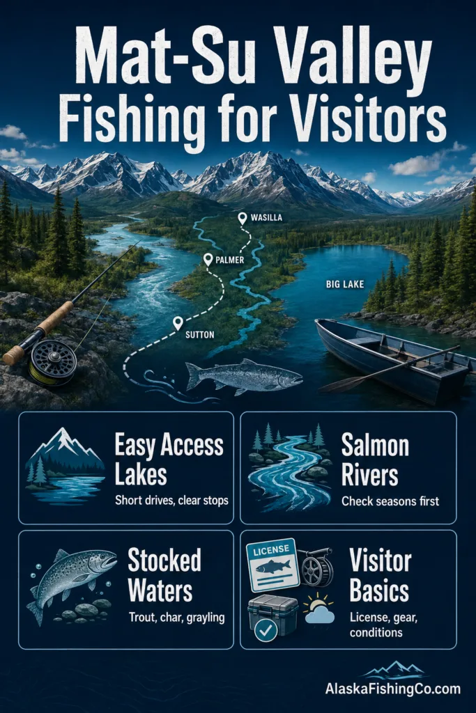 Mat-Su Valley fishing spots attract visitors seeking lakes and salmon rivers for outdoor adventure.